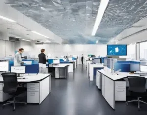 A modern open-plan office with desks, computers and large windows.
