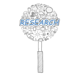 Illustration of a magnifying glass containing the word Research and small scientific symbols.